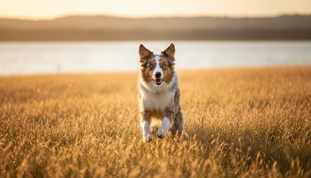 An epic moment captured in Colac pet photography capturing joyous dog portraits, featuring a golden retriever joyfully leaping through tall, sun-drenched grass at Colac Botanic Gardens, its fur glowing in the golden hour light, eyes sparkling with happiness, with the serene Lake Colac in the blurred background. Professional, dramatic lighting and vibrant colour grading.