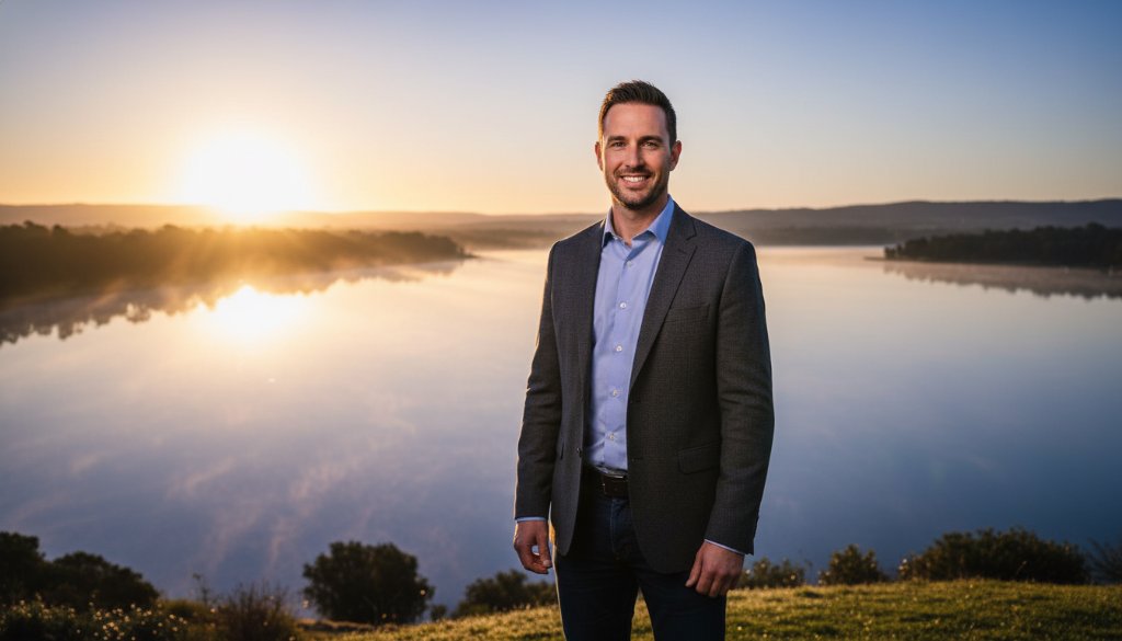 A dramatic, cinematic headshot of a confident female entrepreneur in Colac, standing near the tranquil shores of Lake Colac at sunset. The 'Colac Professional Headshots for Local Business Growth' image features a warm, golden hour glow highlighting her determined expression, with the iconic Colac Botanic Gardens subtly blurred in the background, conveying professionalism and local connection.