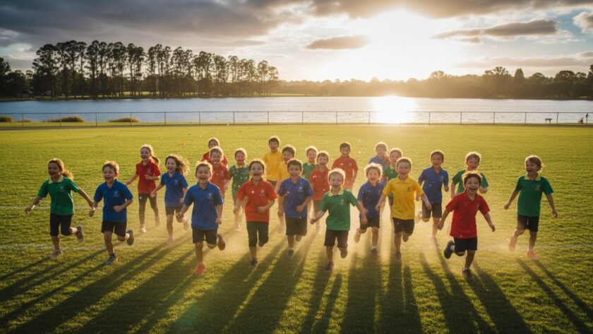 A vibrant, high-angle shot capturing Colac school photography genuine moments specialists at work, showing a group of laughing primary school students running freely across a sun-dappled oval near Lake Colac, with a teacher smiling in the background. The scene is bathed in golden hour light, evoking joy and freedom, professionally colour-graded for a cinematic feel.