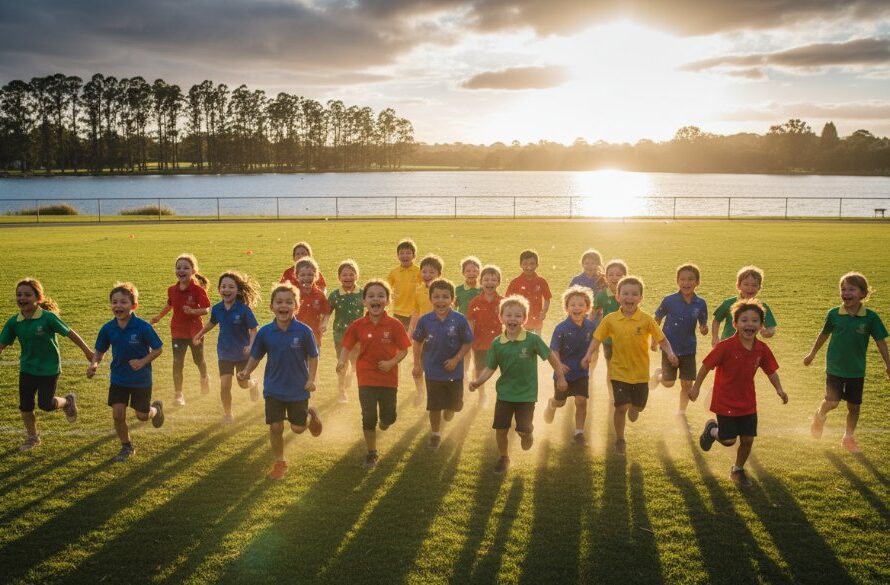 A vibrant, high-angle shot capturing Colac school photography genuine moments specialists at work, showing a group of laughing primary school students running freely across a sun-dappled oval near Lake Colac, with a teacher smiling in the background. The scene is bathed in golden hour light, evoking joy and freedom, professionally colour-graded for a cinematic feel.