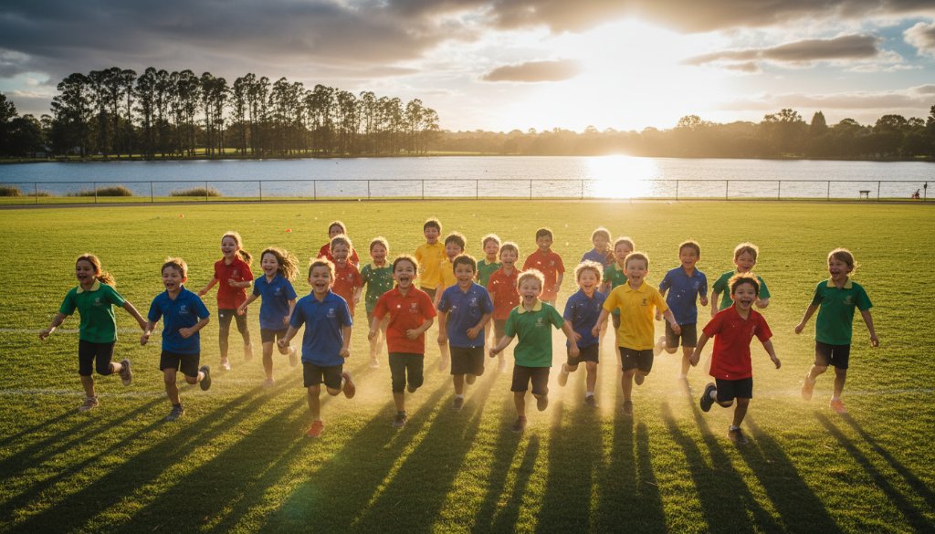 A vibrant, high-angle shot capturing Colac school photography genuine moments specialists at work, showing a group of laughing primary school students running freely across a sun-dappled oval near Lake Colac, with a teacher smiling in the background. The scene is bathed in golden hour light, evoking joy and freedom, professionally colour-graded for a cinematic feel.