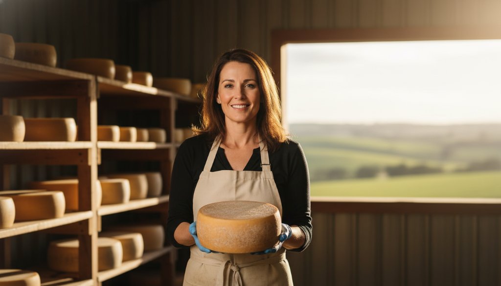 Dramatic wide-angle shot of a local artisanal baker in Colac, Victoria, proudly presenting a freshly baked sourdough loaf on a rustic wooden table, bathed in warm, golden morning light filtering through a large window, embodying expert Colac Victoria advertising photography for local businesses. The baker smiles genuinely, surrounded by a charming, old-world bakery interior, capturing an authentic moment of craftsmanship and product excellence.