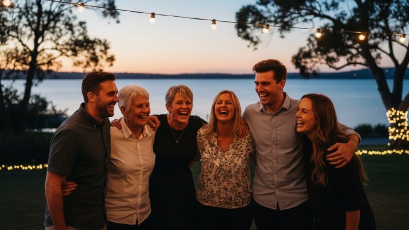 A vibrant, candid photograph capturing a group of friends laughing heartily at an outdoor evening party in Colac, Victoria, with fairy lights twinkling in the background and a warm glow from a fire pit. This epic moment of connection is perfectly illuminated, showcasing the joyful Colac Victoria candid party photography moments.