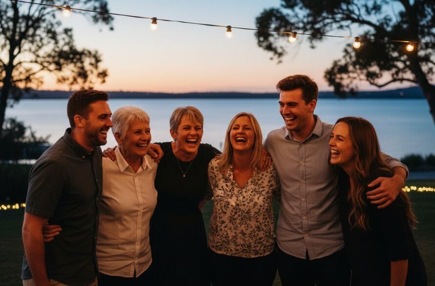 A vibrant, candid photograph capturing a group of friends laughing heartily at an outdoor evening party in Colac, Victoria, with fairy lights twinkling in the background and a warm glow from a fire pit. This epic moment of connection is perfectly illuminated, showcasing the joyful Colac Victoria candid party photography moments.