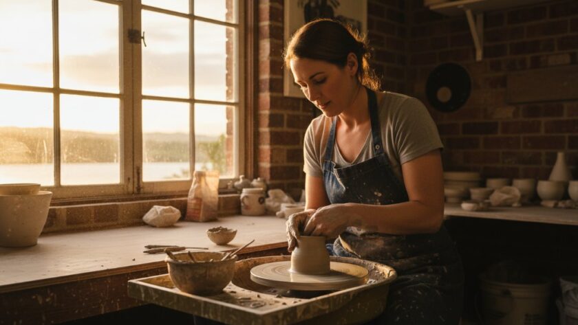 An epic moment captured in professional Colac Victoria commercial photography, showing a local artisan passionately crafting their product in a beautifully lit workshop near Lake Colac, with the finished item subtly highlighted in the foreground, evoking quality and local pride.