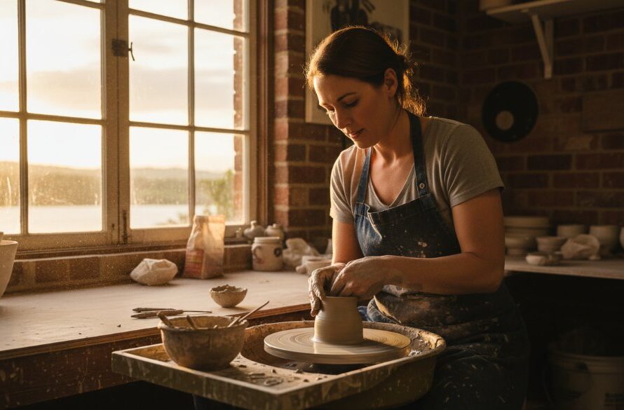 An epic moment captured in professional Colac Victoria commercial photography, showing a local artisan passionately crafting their product in a beautifully lit workshop near Lake Colac, with the finished item subtly highlighted in the foreground, evoking quality and local pride.