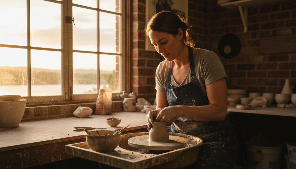 An epic moment captured in professional Colac Victoria commercial photography, showing a local artisan passionately crafting their product in a beautifully lit workshop near Lake Colac, with the finished item subtly highlighted in the foreground, evoking quality and local pride.