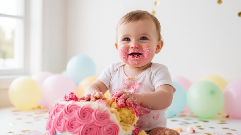 An adorable baby, covered in frosting from a joyful Colac Victoria First Birthday Cake Smash Photography session, laughing amidst colourful balloons and soft light, creating a timeless memory.