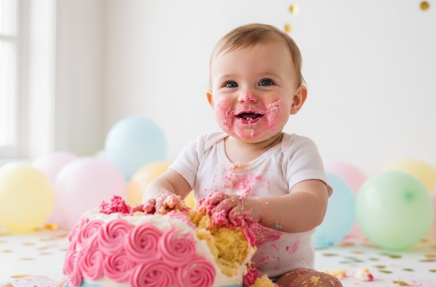 An adorable baby, covered in frosting from a joyful Colac Victoria First Birthday Cake Smash Photography session, laughing amidst colourful balloons and soft light, creating a timeless memory.