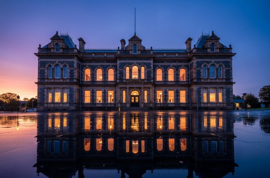 A dramatic sunset casts long shadows over a grand, intricately detailed Victorian-era building in Colac, Victoria, highlighting its ornate facade, perfect for Colac Victoria heritage architecture photography.