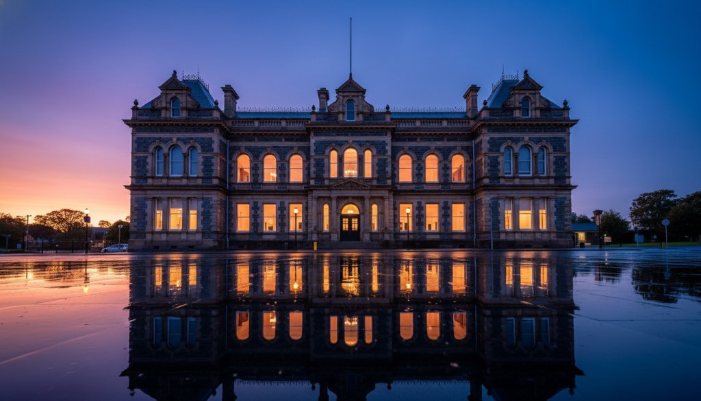 A dramatic sunset casts long shadows over a grand, intricately detailed Victorian-era building in Colac, Victoria, highlighting its ornate facade, perfect for Colac Victoria heritage architecture photography.