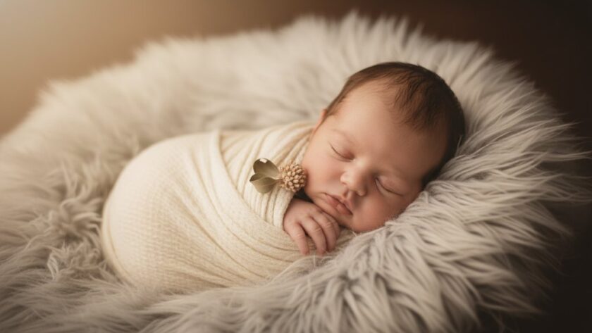A heartwarming and dramatic close-up of a peacefully sleeping newborn baby in Colac Victoria, nestled in a soft, handcrafted wrap, with gentle, warm backlighting creating a halo effect, symbolizing Colac Victoria newborn photography cherished moments, captured with professional artistry.