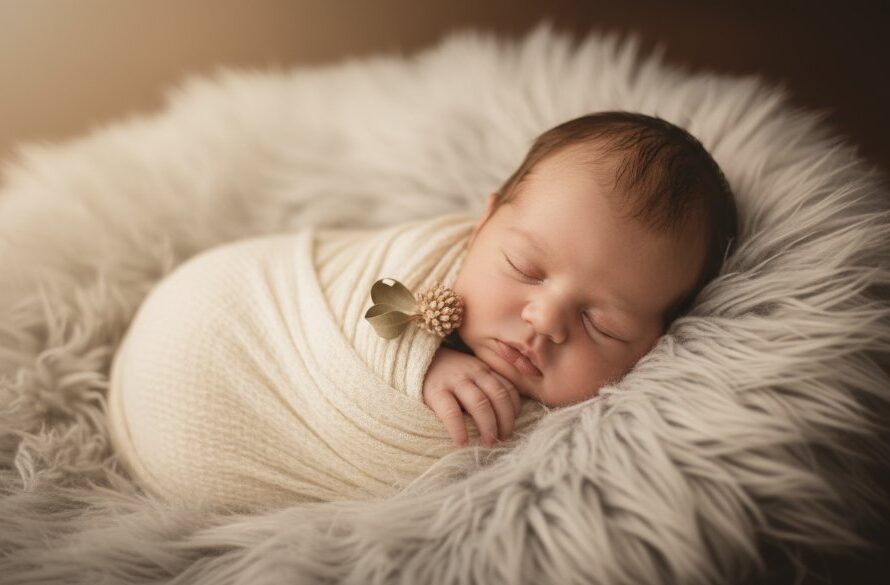 A heartwarming and dramatic close-up of a peacefully sleeping newborn baby in Colac Victoria, nestled in a soft, handcrafted wrap, with gentle, warm backlighting creating a halo effect, symbolizing Colac Victoria newborn photography cherished moments, captured with professional artistry.