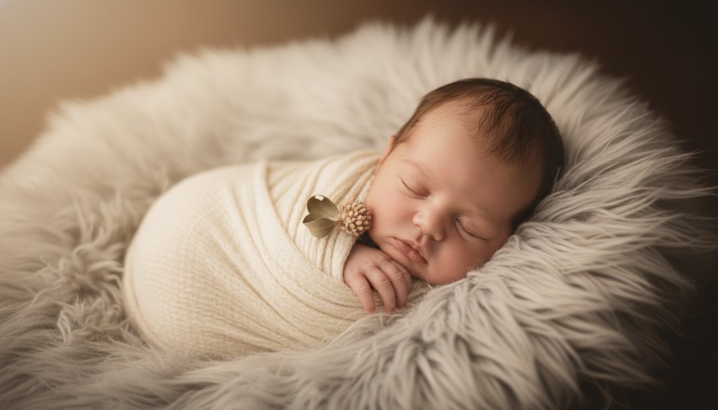 A heartwarming and dramatic close-up of a peacefully sleeping newborn baby in Colac Victoria, nestled in a soft, handcrafted wrap, with gentle, warm backlighting creating a halo effect, symbolizing Colac Victoria newborn photography cherished moments, captured with professional artistry.