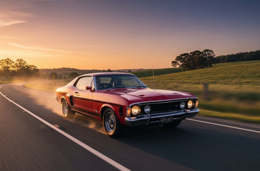 An epic moment captured: A sleek, classic muscle car speeding down a winding country road near Lake Colac, with the setting sun casting dramatic shadows, highlighting Colac Victoria's Best Automotive Photography Spots for breathtaking car shots.