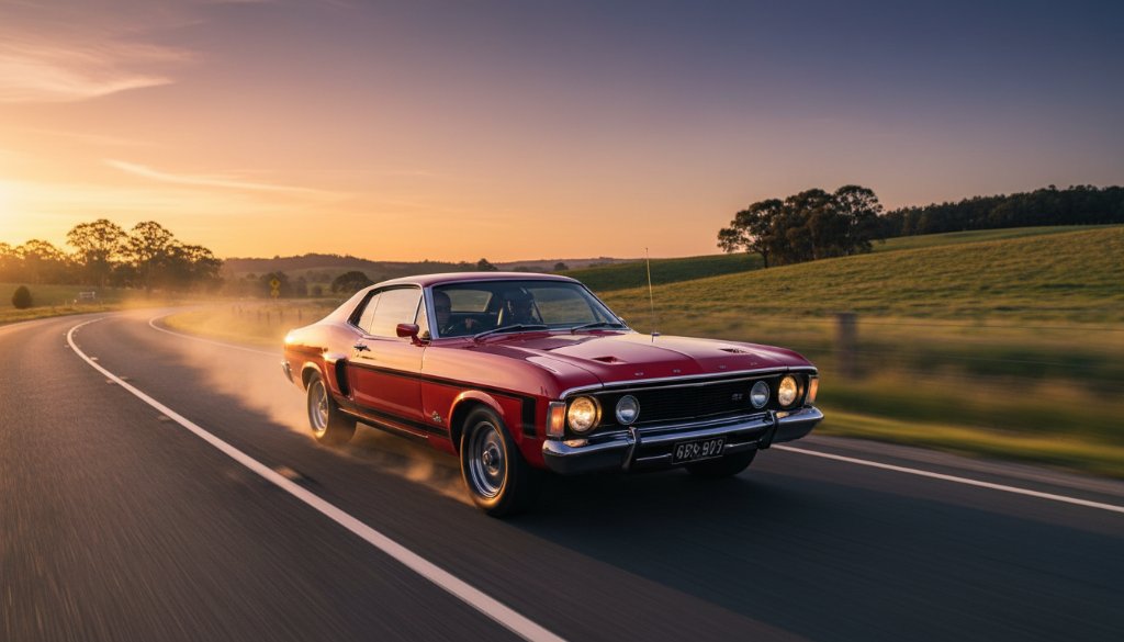 An epic moment captured: A sleek, classic muscle car speeding down a winding country road near Lake Colac, with the setting sun casting dramatic shadows, highlighting Colac Victoria's Best Automotive Photography Spots for breathtaking car shots.