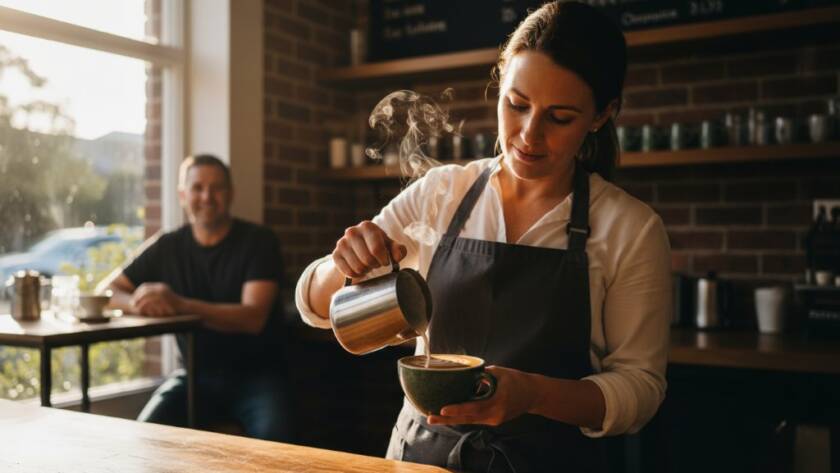 An epic moment captured in Bulleen, showcasing professional commercial photography Bulleen Victoria for brand storytelling, featuring a local cafe owner proudly presenting their artisanal coffee with dramatic, warm lighting and shallow depth of field, highlighting the product and brand essence.