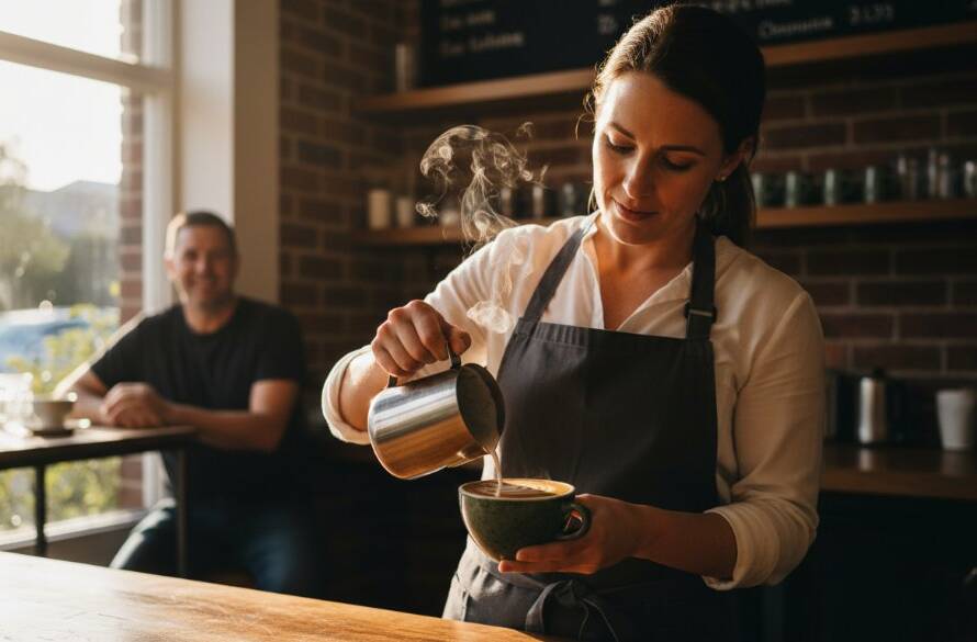 An epic moment captured in Bulleen, showcasing professional commercial photography Bulleen Victoria for brand storytelling, featuring a local cafe owner proudly presenting their artisanal coffee with dramatic, warm lighting and shallow depth of field, highlighting the product and brand essence.