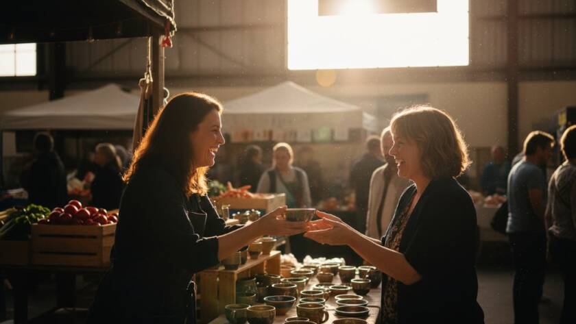 A dynamic, high-impact image capturing a compelling editorial photography moment in Croydon South, showing a local business owner passionately explaining their craft in a sunlit workshop, dramatically lit and professionally colour-graded, emphasizing their dedication.
