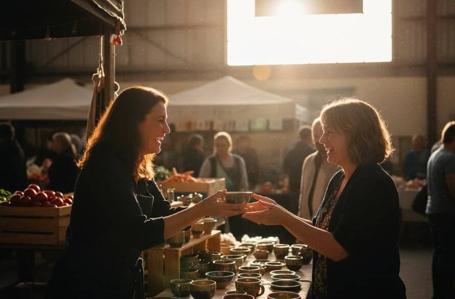 A dynamic, high-impact image capturing a compelling editorial photography moment in Croydon South, showing a local business owner passionately explaining their craft in a sunlit workshop, dramatically lit and professionally colour-graded, emphasizing their dedication.