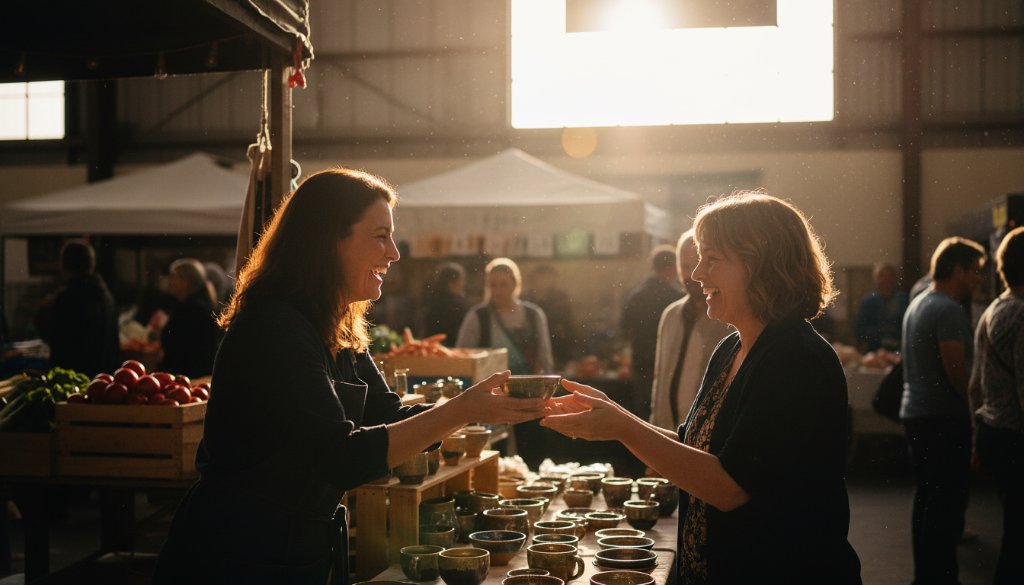 A dynamic, high-impact image capturing a compelling editorial photography moment in Croydon South, showing a local business owner passionately explaining their craft in a sunlit workshop, dramatically lit and professionally colour-graded, emphasizing their dedication.