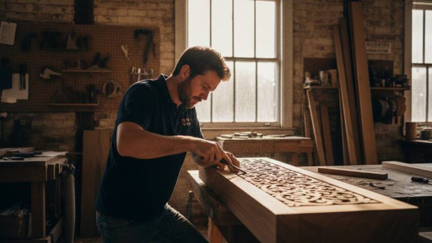A dynamic, wide-angle shot of a local artisan in Croydon, Victoria, passionately crafting their product, illuminated by dramatic natural light, embodying compelling editorial photography Croydon Victoria for local businesses.