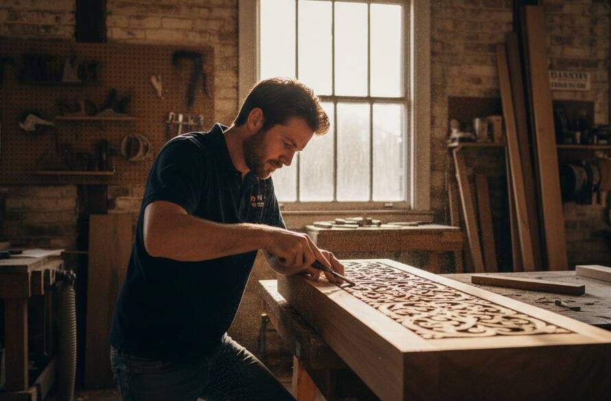 A dynamic, wide-angle shot of a local artisan in Croydon, Victoria, passionately crafting their product, illuminated by dramatic natural light, embodying compelling editorial photography Croydon Victoria for local businesses.