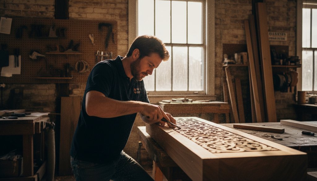 A dynamic, wide-angle shot of a local artisan in Croydon, Victoria, passionately crafting their product, illuminated by dramatic natural light, embodying compelling editorial photography Croydon Victoria for local businesses.