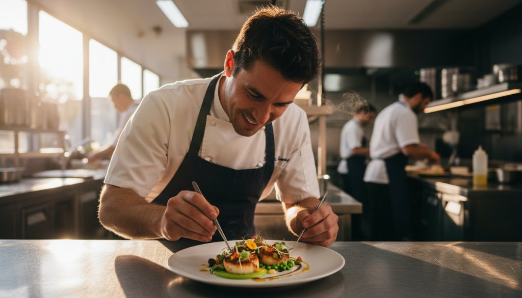 A vibrant, wide-angle editorial photograph showing a local artisan passionately crafting pottery at a bustling workshop in Doncaster East, sunlight streaming through large windows, capturing the compelling editorial photography Doncaster East businesses need to tell their story, with customers admiring products in the background. Professional color grading and dramatic lighting highlight the intricate details.