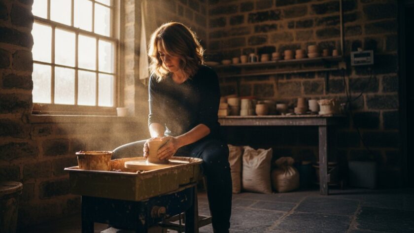 A candid, dramatic shot showcasing compelling Kilmore Victoria business editorial photography, featuring a local artisan passionately crafting their product in a rustic Kilmore workshop, bathed in golden hour light.