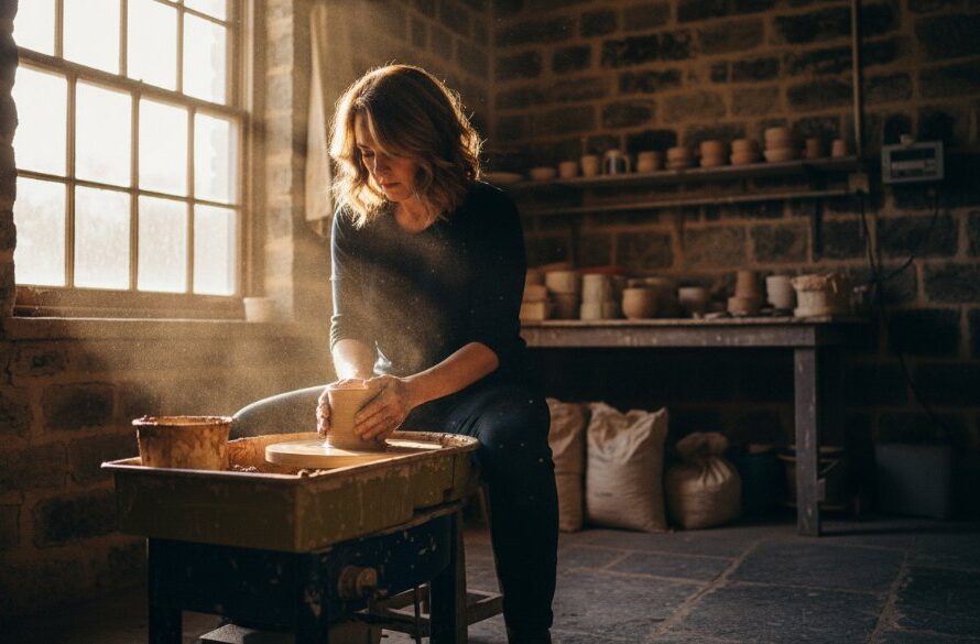 A candid, dramatic shot showcasing compelling Kilmore Victoria business editorial photography, featuring a local artisan passionately crafting their product in a rustic Kilmore workshop, bathed in golden hour light.