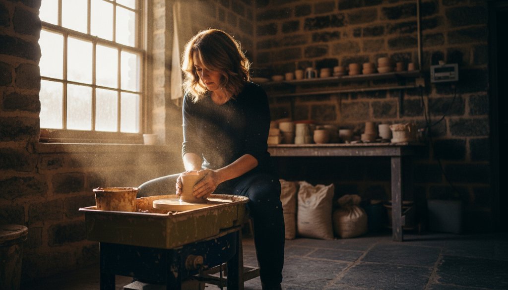 A candid, dramatic shot showcasing compelling Kilmore Victoria business editorial photography, featuring a local artisan passionately crafting their product in a rustic Kilmore workshop, bathed in golden hour light.