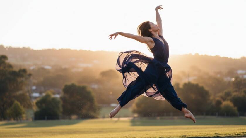 A dynamic, epic moment photograph capturing a contemporary dancer in full flight, mid-leap, silhouetted against a dramatic Rowville sunset, showcasing Contemporary Dance Photography Rowville Storytelling with professional lighting and vibrant motion.