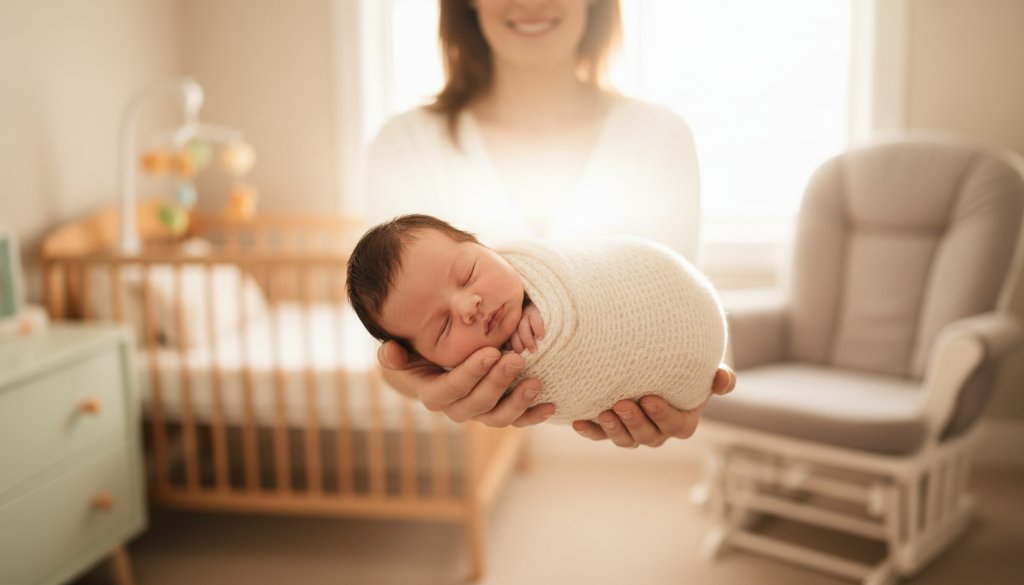 An ethereal and cosy Yarraville newborn photography moment featuring a sleeping baby cradled by gentle parents in a sun-drenched, softly lit home, capturing the profound tenderness of new family bonds with warm, cinematic tones.