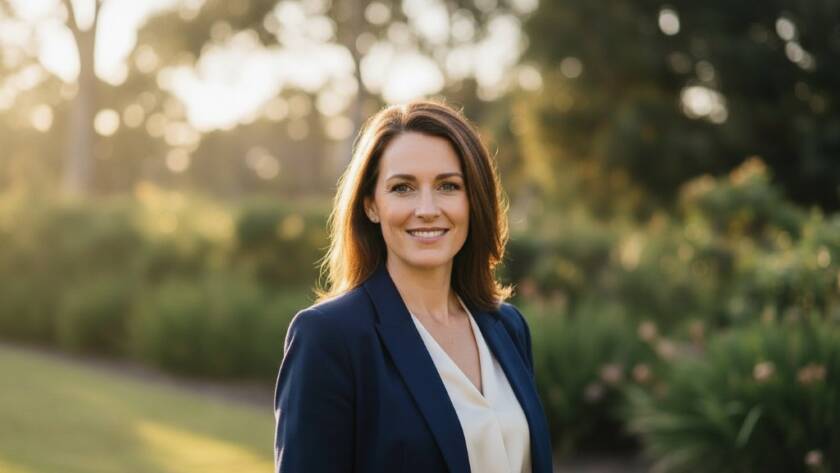 A confident female entrepreneur in a stylish business suit smiles genuinely, lit by soft golden hour sunlight filtering through eucalypt leaves in a refined outdoor setting near Westerfolds Park in Templestowe, representing 'Crafting Authentic Professional Headshots Templestowe for Local Businesses'. Dynamic, cinematic, and professional.