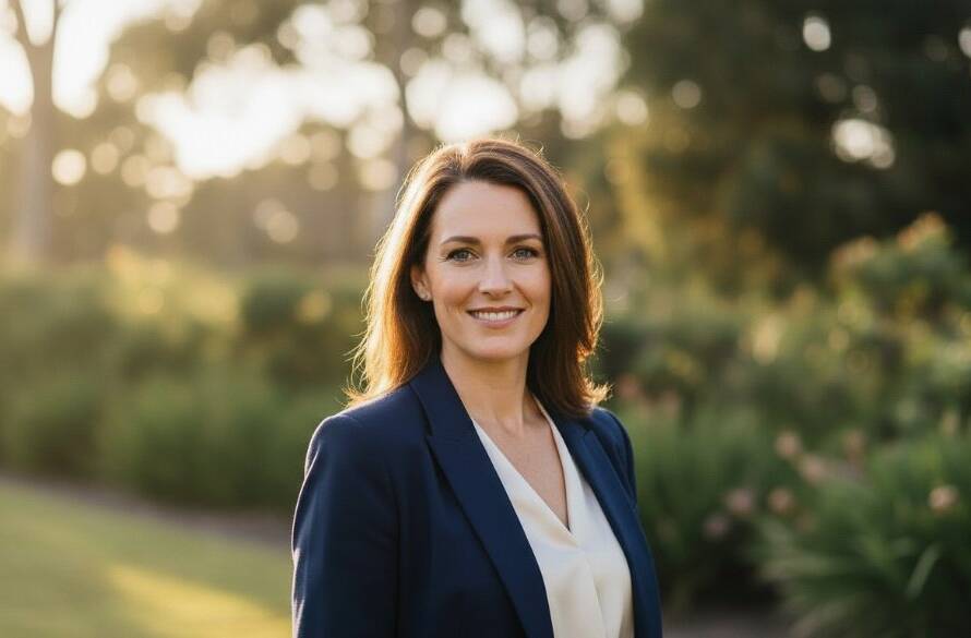 A confident female entrepreneur in a stylish business suit smiles genuinely, lit by soft golden hour sunlight filtering through eucalypt leaves in a refined outdoor setting near Westerfolds Park in Templestowe, representing 'Crafting Authentic Professional Headshots Templestowe for Local Businesses'. Dynamic, cinematic, and professional.
