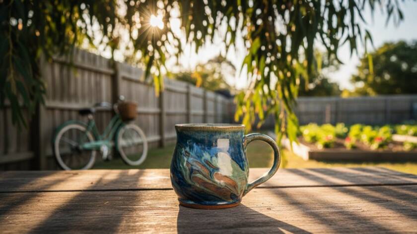 Dynamic wide-angle shot showcasing a artisan's handmade ceramic mug dramatically lit against a backdrop of a sun-drenched, leafy backyard in Croydon South, with a subtle bokeh effect on local gum trees, emphasizing the intricate details of the product for crafting captivating product images Croydon South small businesses.