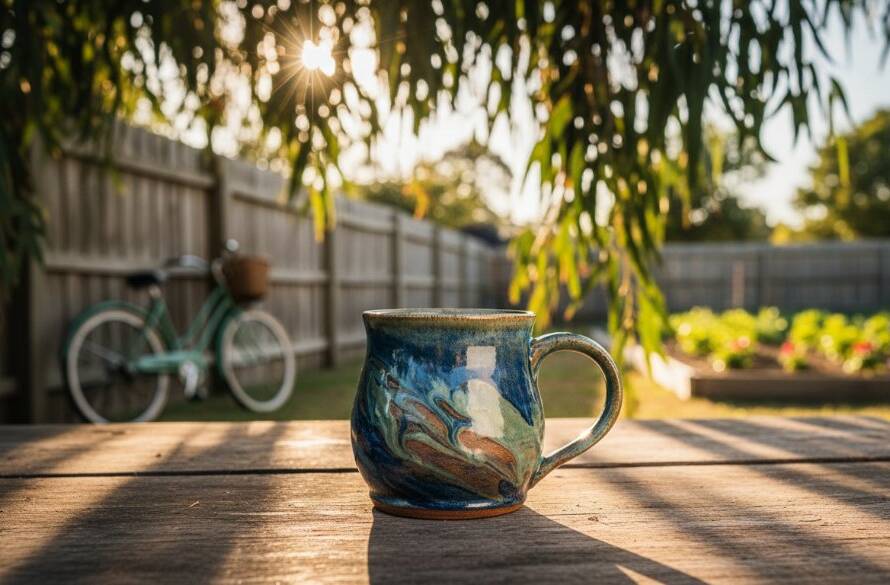 Dynamic wide-angle shot showcasing a artisan's handmade ceramic mug dramatically lit against a backdrop of a sun-drenched, leafy backyard in Croydon South, with a subtle bokeh effect on local gum trees, emphasizing the intricate details of the product for crafting captivating product images Croydon South small businesses.