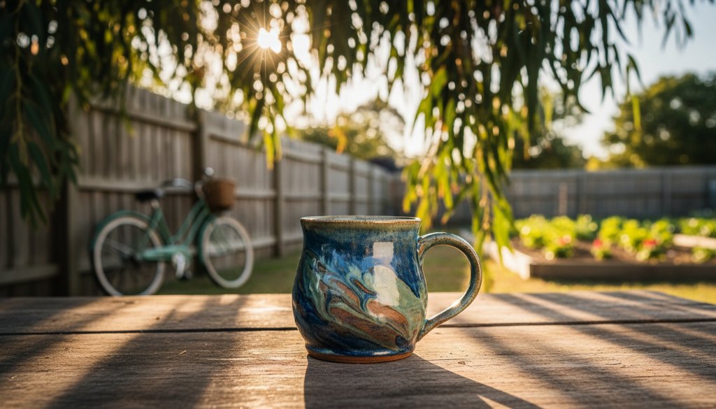 Dynamic wide-angle shot showcasing a artisan's handmade ceramic mug dramatically lit against a backdrop of a sun-drenched, leafy backyard in Croydon South, with a subtle bokeh effect on local gum trees, emphasizing the intricate details of the product for crafting captivating product images Croydon South small businesses.