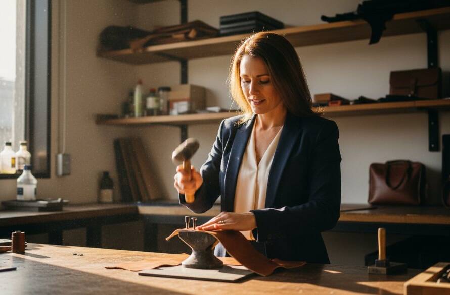 Dramatic, professional editorial photograph showcasing a local artisan at their workbench in a Bayswater North studio, bathed in cinematic natural light, with tools and materials arranged artfully, encapsulating the essence of 'Crafting compelling Bayswater North editorial photography narratives'.