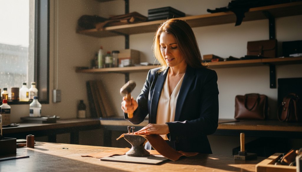 Dramatic, professional editorial photograph showcasing a local artisan at their workbench in a Bayswater North studio, bathed in cinematic natural light, with tools and materials arranged artfully, encapsulating the essence of 'Crafting compelling Bayswater North editorial photography narratives'.