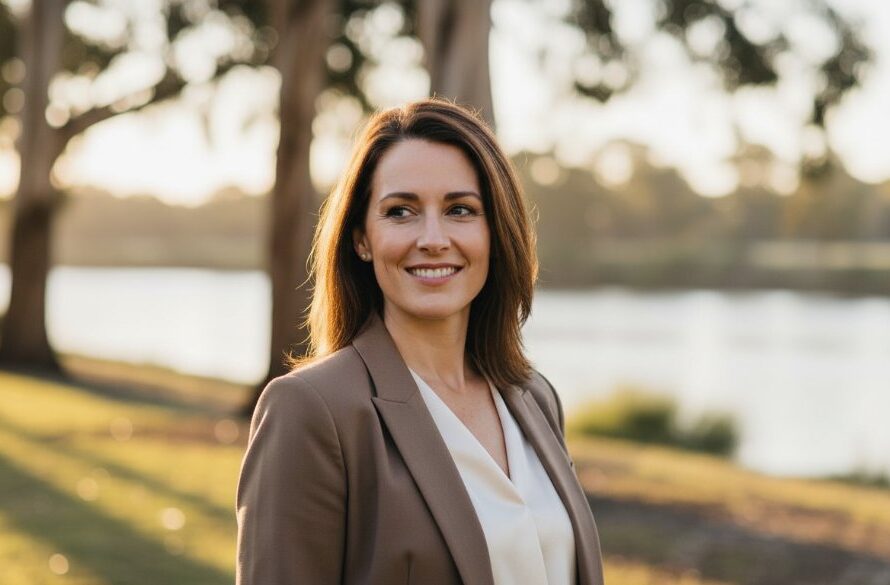 A Cobram professional, mid-laughter during an outdoor portrait session, beautifully lit by golden hour sun near the Murray River, epitomizing crafting compelling Cobram professional headshots with genuine emotion and professional polish.