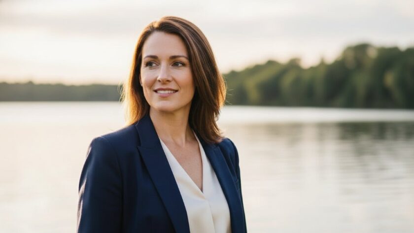 A striking, cinematic professional headshot of a confident female executive in her late 30s, set against the blurred backdrop of Lake Canadian at golden hour, wearing a tailored blazer. The dramatic backlighting highlights her strong profile and determined expression. The image, focused on 'Crafting Executive Headshots Canadian VIC for Local Professionals', showcases a blend of natural beauty and professional gravitas, with rich, warm colour grading.