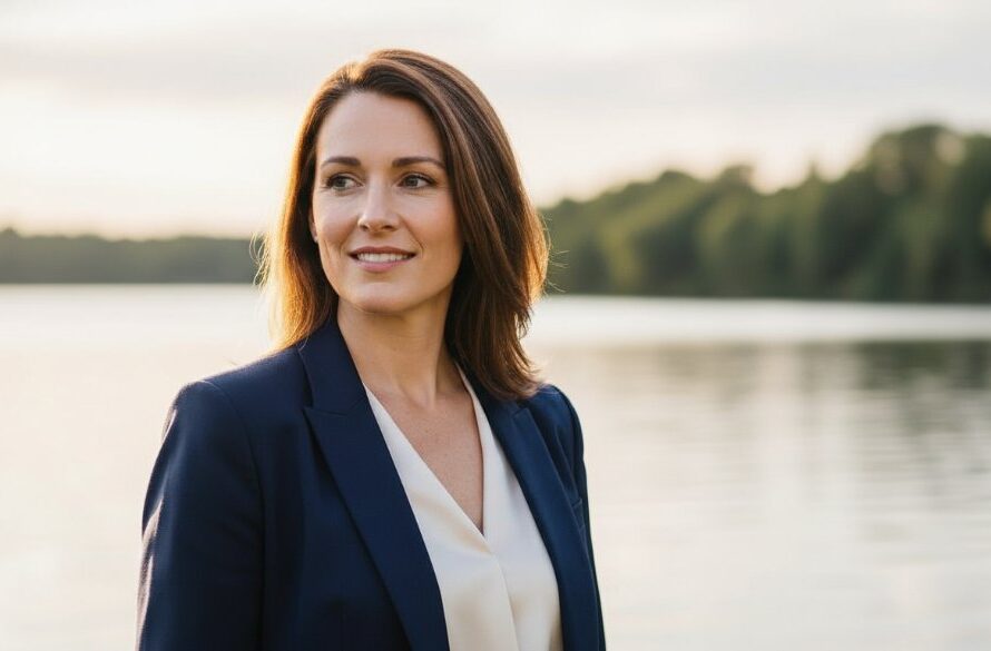 A striking, cinematic professional headshot of a confident female executive in her late 30s, set against the blurred backdrop of Lake Canadian at golden hour, wearing a tailored blazer. The dramatic backlighting highlights her strong profile and determined expression. The image, focused on 'Crafting Executive Headshots Canadian VIC for Local Professionals', showcases a blend of natural beauty and professional gravitas, with rich, warm colour grading.