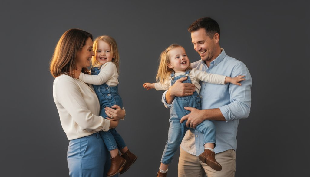 A breathtaking studio family portrait, an 'epic moment' showing a Narre Warren family of four laughing joyously, caught in dramatic, soft golden light against a deep grey backdrop. The parents are embracing their two children, one toddler looking up playfully, the other child with a radiant smile. This 'Crafting Timeless Studio Family Portraits Narre Warren' image highlights their authentic connection and happiness, with professional colour grading creating a warm, inviting atmosphere.