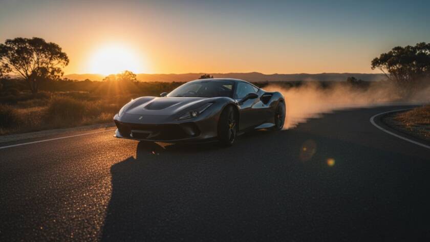 Dramatic low-angle shot of a sleek, dark performance car in Cranbourne, illuminated by the golden hour sun setting over a distant Dandenong Ranges silhouette, capturing dynamic car action with professional, cinematic colour grading.