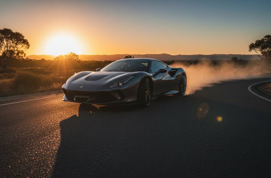 Dramatic low-angle shot of a sleek, dark performance car in Cranbourne, illuminated by the golden hour sun setting over a distant Dandenong Ranges silhouette, capturing dynamic car action with professional, cinematic colour grading.