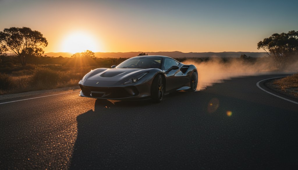 Dramatic low-angle shot of a sleek, dark performance car in Cranbourne, illuminated by the golden hour sun setting over a distant Dandenong Ranges silhouette, capturing dynamic car action with professional, cinematic colour grading.
