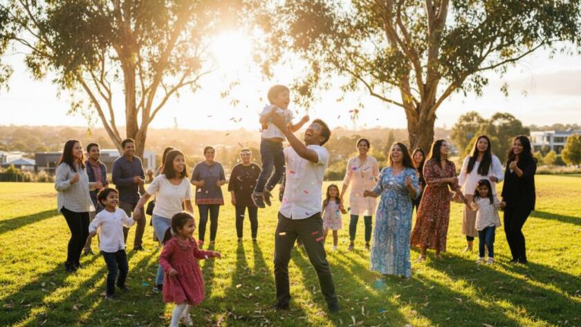 A vibrant wide-angle shot capturing the Cranbourne community event photography unforgettable moments, with families cheering during a festive outdoor concert in Casey Fields, bathed in warm golden hour sunlight, dynamic and joyous.