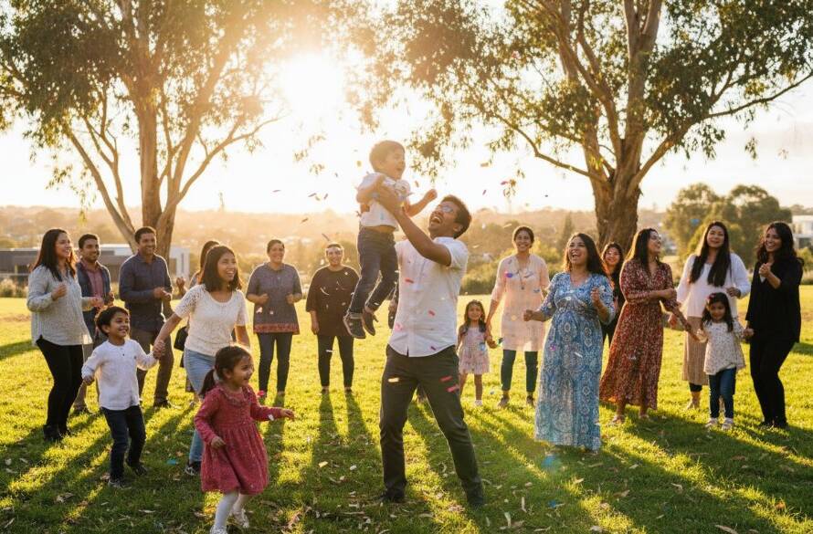 A vibrant wide-angle shot capturing the Cranbourne community event photography unforgettable moments, with families cheering during a festive outdoor concert in Casey Fields, bathed in warm golden hour sunlight, dynamic and joyous.